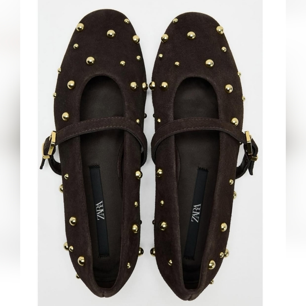 Zara Studded Suede Mary Jane Flats-Chocolate